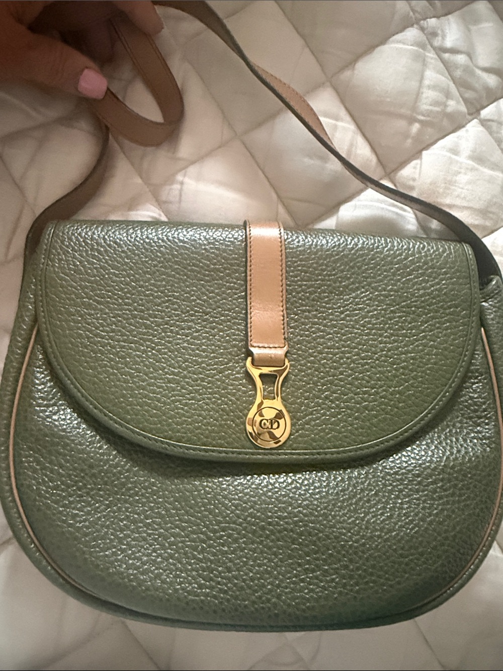 Authentic Dior Olive Green Leather Crossbody Bag with Tan Trim
